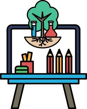 A drawing of a tree with a lab bench and a pencil holder Stock Illustration