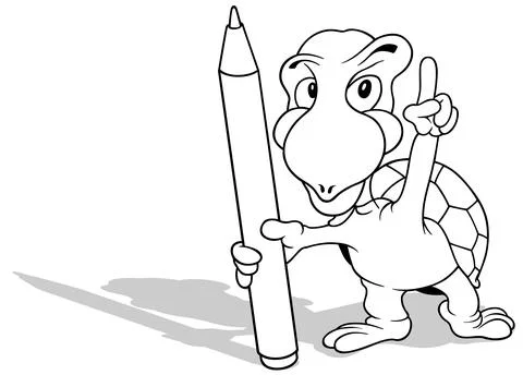 Drawing of a Turtle Pointing with his Finger and Holding a Felt Tip Pen Illustrazione stock