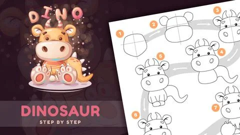 Drawing tutorial cartoon character animal dino. Stock Illustration