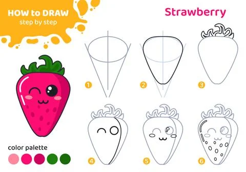 Drawing tutorial for kids. How to draw strawberry. Illustrazione stock