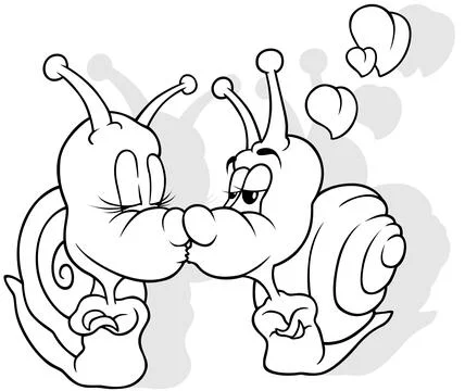 Drawing of a Two Amorous Snails with Hearts Stock Illustration
