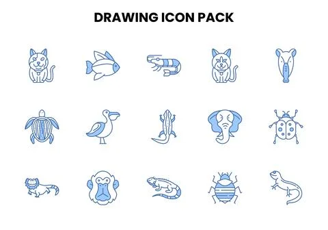 Drawing Two Color Blue Set Icons Pack Stock Illustration