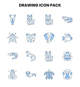 Drawing Two Color Blue Set Icons Pack Stock Illustration