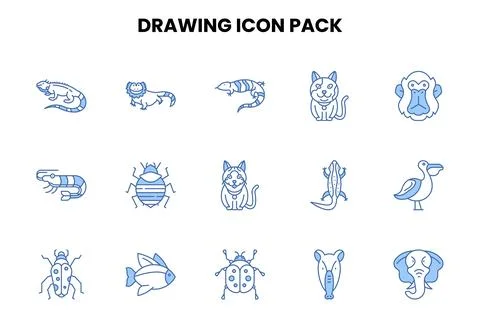 Drawing Two Color Blue Set Icons Pack Stock Illustration