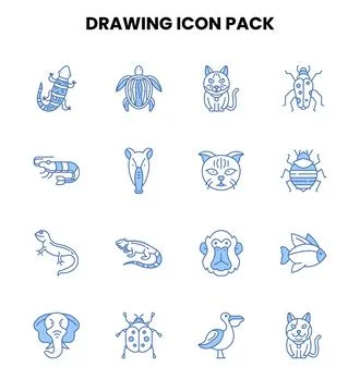 Drawing Two Color Blue Vector Icons Pack Stock Illustration
