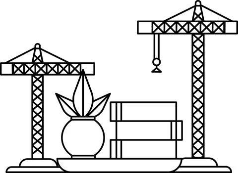 A drawing of two cranes and a potted plant Stock Illustration