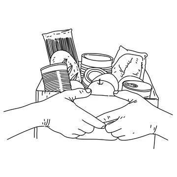  a drawing of two hands holding a box of food for donation people needed. Line a Stock Illustration