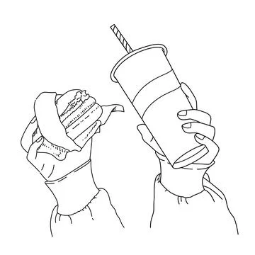 A drawing of two hands holding a drink and a sandwich coloring food page for kid Stock Illustration