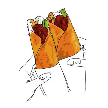 A drawing of two hands holding a kebab, wrap with meat ,vegetable, mayonaise, cu Stock Illustration