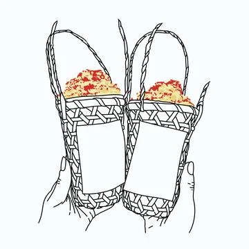 A drawing of two hands holding sweet red syrup shaved ice on two bamboo baskets Stockillustratie