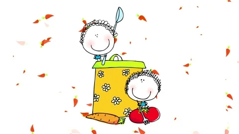 Drawing of two young girls composing gradually posing besides a big pot with Stock Footage 130927544