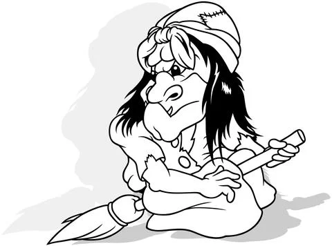 Drawing of an Ugly Witch in Torn Clothes Sits on a Broom Stock Illustration