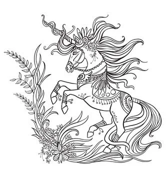 Drawing unicorn coloring book vector illustration black Stock Illustration