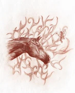 Drawing of an unicorn with a little pixie on ornamental background. Stock Illustration