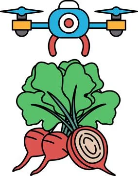 A drawing of a vegetable garden with a drone flying over it Ilustração Stock