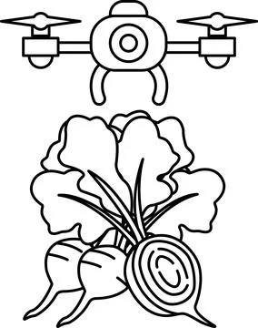 A drawing of a vegetable garden with a drone flying over it Ilustração Stock