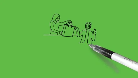 Drawing view of handicap lady taking gift from girl in black, brown, pink, blue Видео 156382905