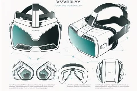 A drawing of a virtual reality device with various parts to it and instruct.. Stock Illustration