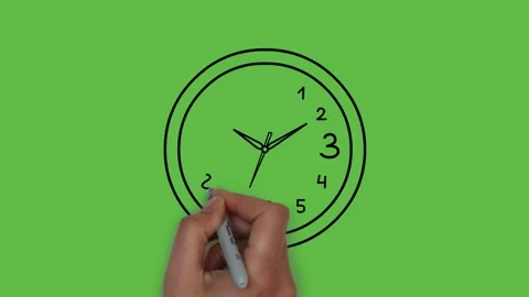 Drawing wall clock in black and blue colour on green screen Video stock 156402612