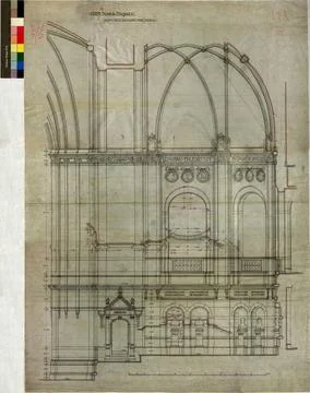 Drawing on weave over the main building of the Nordic Museum. Section thro... Fotos Stock