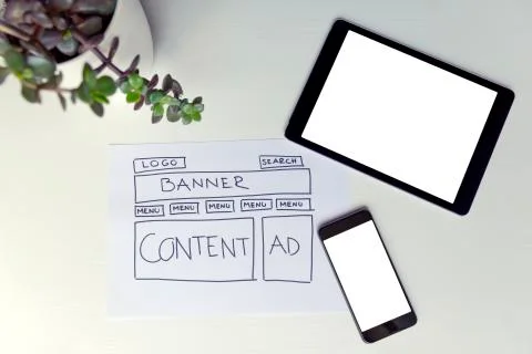 Drawing of website development wire frame. Structure of web page. Web design Stock Photos