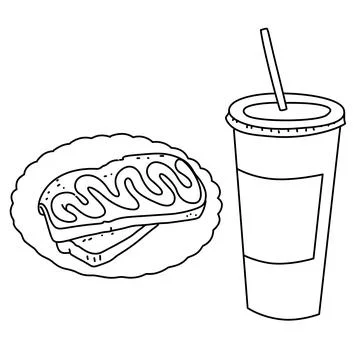 A drawing of a white bread and jam and drink on paper cup for lunch coloring pag Stock Illustration