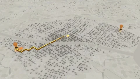 Drawing yellow route with moving dot on 3D map, pulsing left pin connecting two Stock Footage 339193954
