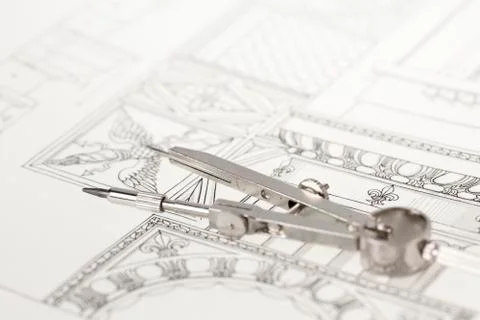 Drawings of architectural details - columns element and compass Stock Photos