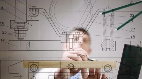 Drawings are on the desktop, hands of engineer drawing by pencil Stock Footage