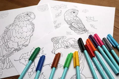 Drawings for coloring and felt tip pens on table Foto stock