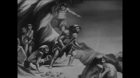 Drawings help explain the historical evolution of guns from the prehistoric man Stock Footage 86210155