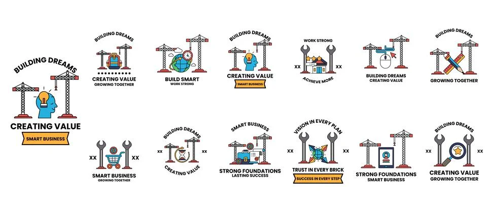 The drawings include a variety of elements such as buildings, construction Stock Illustration