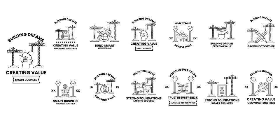 The drawings include a variety of elements such as buildings, construction Stock Illustration