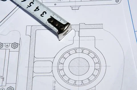 Drawings made in the program with a ruler lying on them, a tape measure Stock Photos