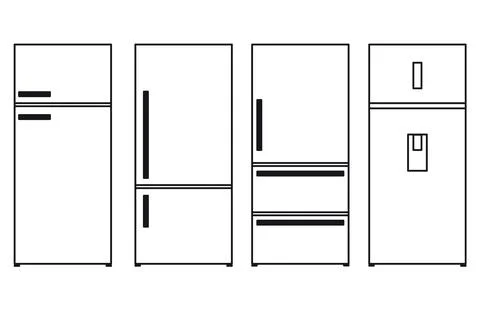 Drawings of refrigerators in black lines on a white background Stock Illustration