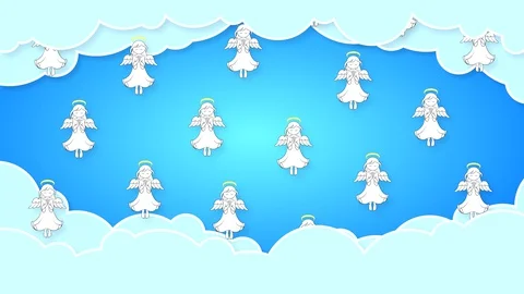 Drawn angels with wings fly in the clouds against a blue sky. Stock Footage 128415776