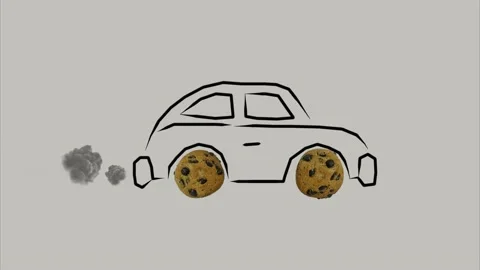 Drawn car with cookies instead of wheels. Car movement with exhaust gases Stock Footage 147048588