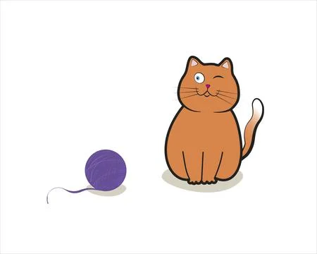 Drawn cat plays with a ball of thread on a white background. Stock Illustration