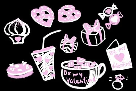 Drawn in chalk on a black background set of cute gifts. pattern of cute thi.. Stock Illustration