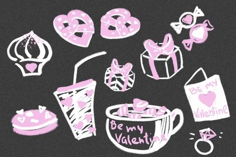 Drawn in chalk on the pavement set of cute gifts. pattern of cute things fo.. Stock Illustration