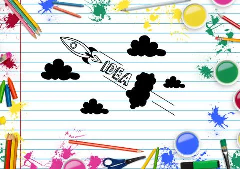 Drawn cloud shapes and rocket on paper with water colors and color pencils Stock Illustration