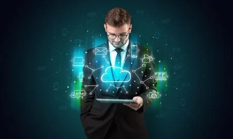 Drawn cloud technology symbols on a tablet Stock Photos