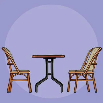 Drawn coffee table with two chairs on lilac background Stock Illustration
