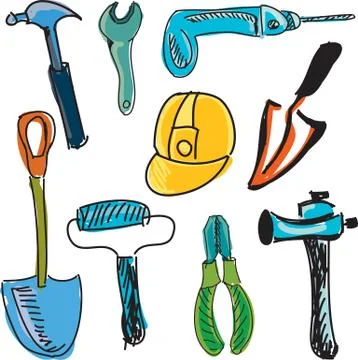 Drawn colored tools Stock Illustration
