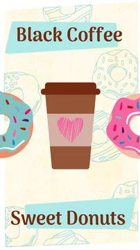 Drawn cute appetizing donuts and cups of coffee with a heart on it. Banner. Stock Illustration