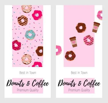 Drawn cute donuts and cups of coffee on a delicious pink background. Banners. Stock Illustration