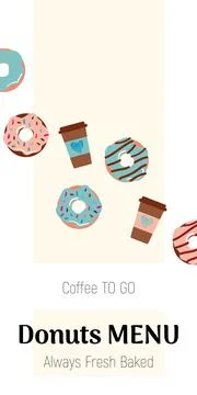 Drawn cute donuts and cups of coffee on a delicious milky background. Banner Stock Illustration