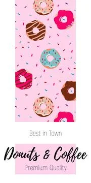Drawn cute donuts and cups of coffee on a delicious pink background. Banner Stock Illustration