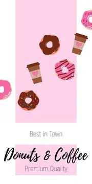 Drawn cute donuts and cups of coffee on a delicious pink background. Stock Illustration
