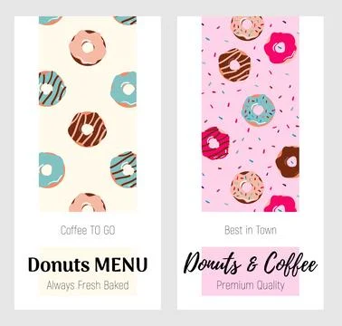 Drawn cute donuts and cups of coffee. Menu for bakery and donut shop Stock Illustration